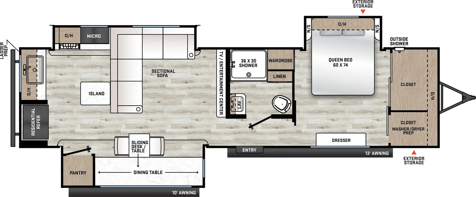 The Catalina Legacy Edition 323MAZE floorplan has one entry and three slide outs. Exterior features include: metal exterior and 10' & 13' awning. Interiors features include: rear kitchen and front bedroom.